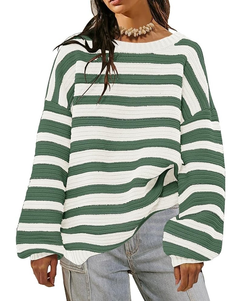 Women Striped Sweater Oversized Long Sleeve Crew Neck Ribbed Knit 2023 Pullover Sweater Tops for Fall Winter Striped Green $2...