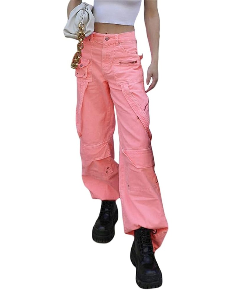 Women Y2K Baggy Cargo Pants Low Waist Straight Wide Leg Pants Vintage Ripped Jeans Streetwear H-pink $9.66 Jeans