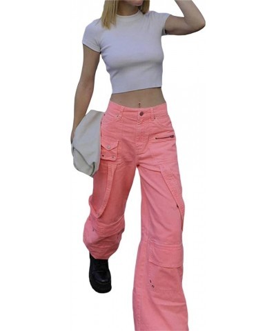 Women Y2K Baggy Cargo Pants Low Waist Straight Wide Leg Pants Vintage Ripped Jeans Streetwear H-pink $9.66 Jeans