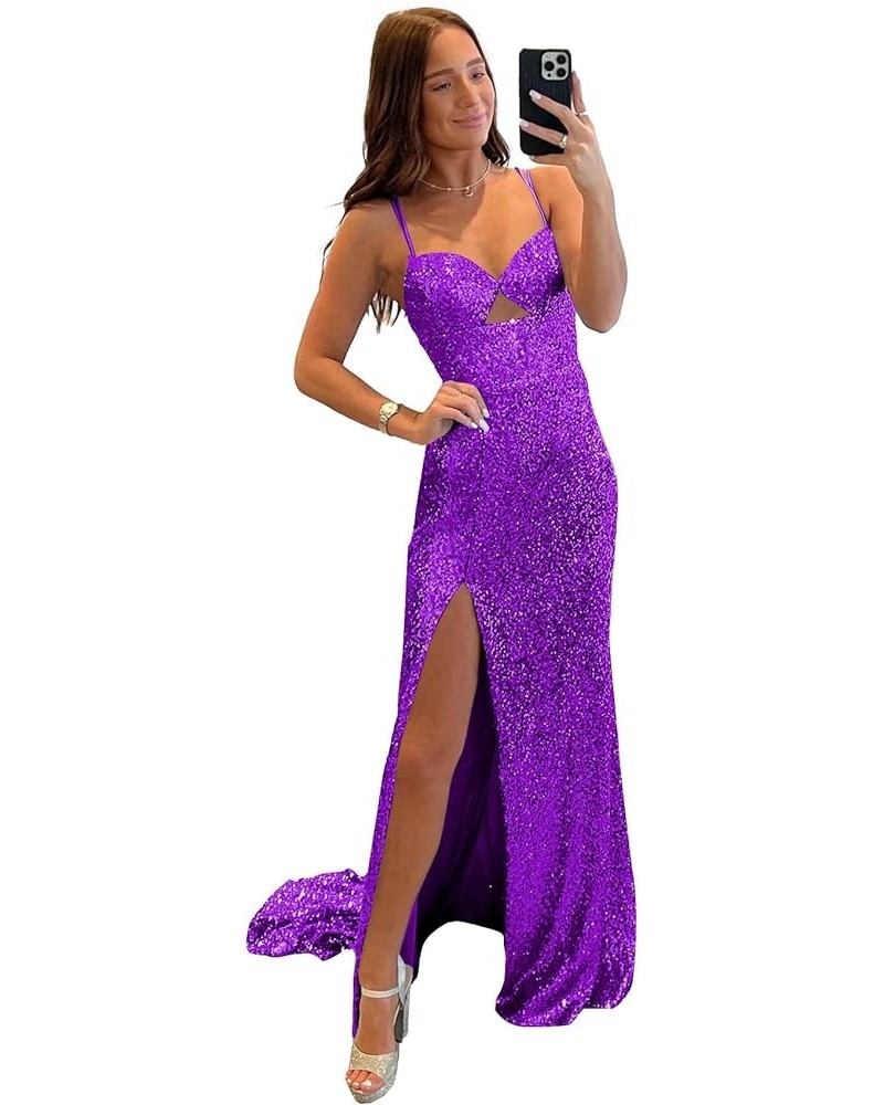 Mermaid Sequin Prom Dresses Long Slit Sparkly Formal Evening Dress for Women Ball Gown Purple $39.60 Dresses