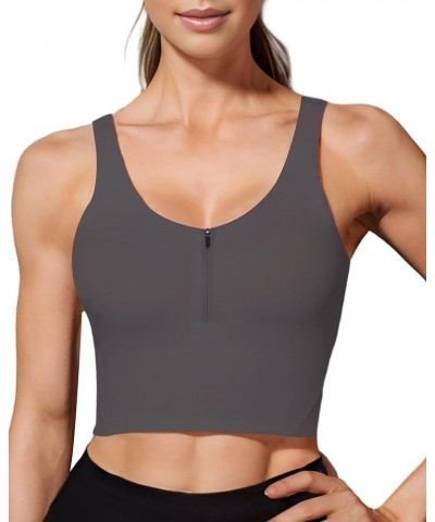 Sports Bra Longline Zip Front Closure Workout Tops Yoga Crop Tank Top with Built in Bra for Women Charcoal Grey $15.37 Active...