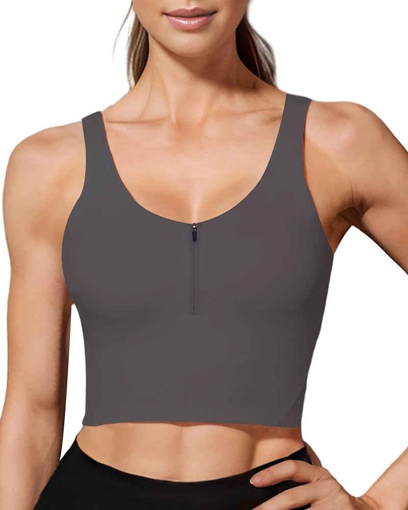 Sports Bra Longline Zip Front Closure Workout Tops Yoga Crop Tank Top with Built in Bra for Women Charcoal Grey $15.37 Active...