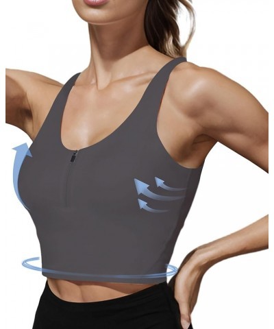 Sports Bra Longline Zip Front Closure Workout Tops Yoga Crop Tank Top with Built in Bra for Women Charcoal Grey $15.37 Active...