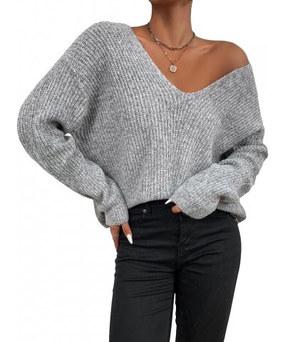 Women's V Neck Sweater Long Sleeve Drop Shoulder Ribbed Knit Oversized Pullovers Tops Light Grey $15.17 Sweaters