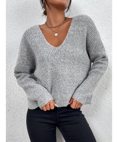 Women's V Neck Sweater Long Sleeve Drop Shoulder Ribbed Knit Oversized Pullovers Tops Light Grey $15.17 Sweaters