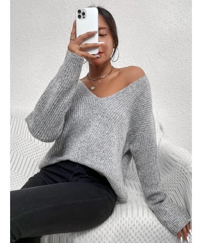 Women's V Neck Sweater Long Sleeve Drop Shoulder Ribbed Knit Oversized Pullovers Tops Light Grey $15.17 Sweaters