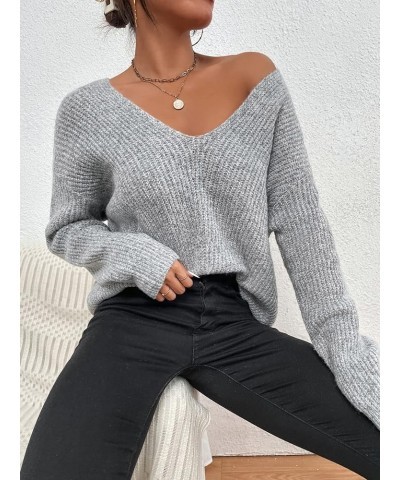 Women's V Neck Sweater Long Sleeve Drop Shoulder Ribbed Knit Oversized Pullovers Tops Light Grey $15.17 Sweaters