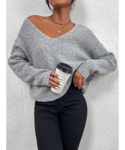 Women's V Neck Sweater Long Sleeve Drop Shoulder Ribbed Knit Oversized Pullovers Tops Light Grey $15.17 Sweaters