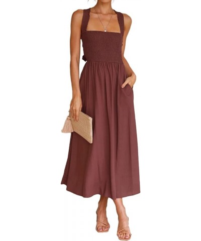 Women's Square Neck Sleeveless Tie Back Midi Dress Criss Cross Strappy A Line Backless Smocked Flowy Tiered Dress Abrown $13....