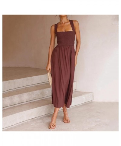 Women's Square Neck Sleeveless Tie Back Midi Dress Criss Cross Strappy A Line Backless Smocked Flowy Tiered Dress Abrown $13....