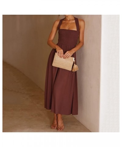 Women's Square Neck Sleeveless Tie Back Midi Dress Criss Cross Strappy A Line Backless Smocked Flowy Tiered Dress Abrown $13....