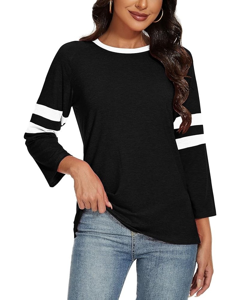 Womens 3/4 Sleeve Striped Shirt Baseball T-Shirts Round Neck Patchwork Casual Trendy Blouses 03-black $12.97 T-Shirts