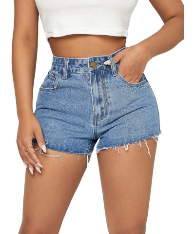 Women's Casual High Waist Ripped Frayed Hem Denim Shorts Blue $16.63 Shorts