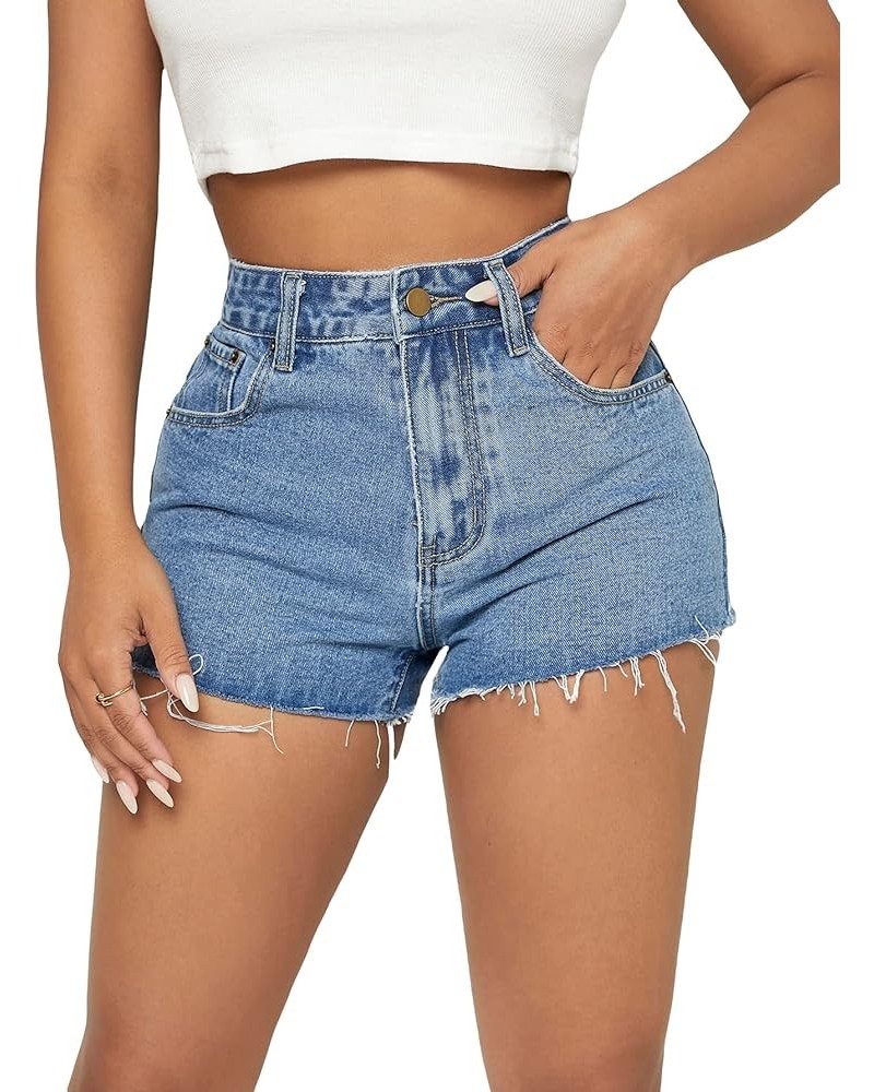 Women's Casual High Waist Ripped Frayed Hem Denim Shorts Blue $16.63 Shorts