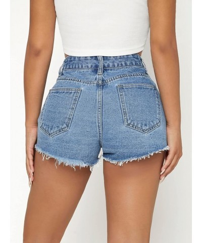 Women's Casual High Waist Ripped Frayed Hem Denim Shorts Blue $16.63 Shorts