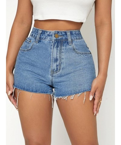 Women's Casual High Waist Ripped Frayed Hem Denim Shorts Blue $16.63 Shorts