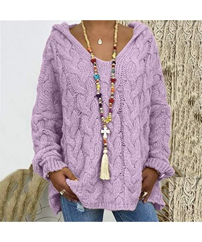 Women's Trendy Chunky Cable Knit V Neck Sweaters Hoodies Slim Fit Casual Solid Long Sleeve Hooded Pullover Jumper Top Light P...