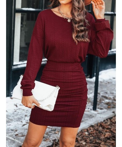 Women's Knit Dress Round Neck Elastic Waist Ruched Bodycon Wine Red $19.68 Dresses