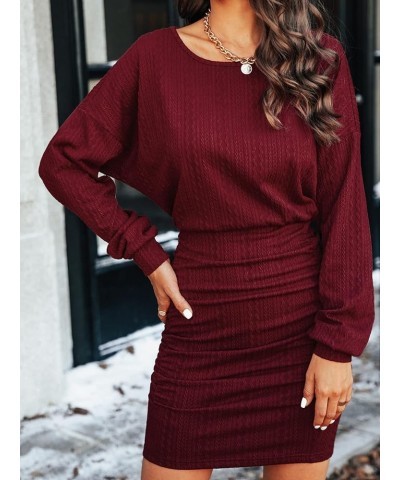 Women's Knit Dress Round Neck Elastic Waist Ruched Bodycon Wine Red $19.68 Dresses