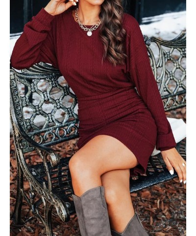 Women's Knit Dress Round Neck Elastic Waist Ruched Bodycon Wine Red $19.68 Dresses