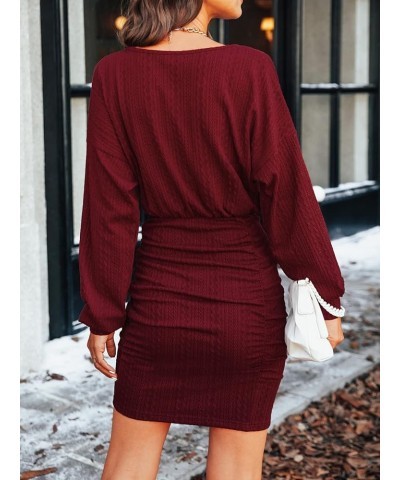 Women's Knit Dress Round Neck Elastic Waist Ruched Bodycon Wine Red $19.68 Dresses