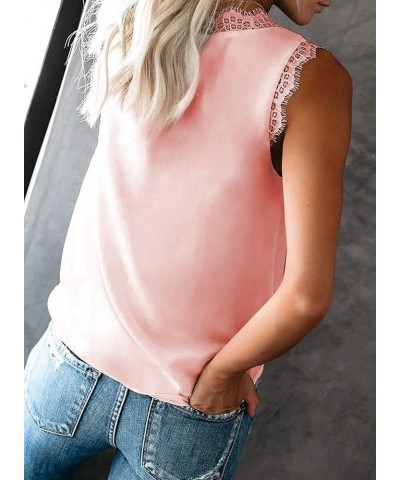 2023 Women's Lace Trim V Neck Tank Tops Lightweight Fashionable Summer Sleeveless Blouses 01 Pink $11.44 Tanks