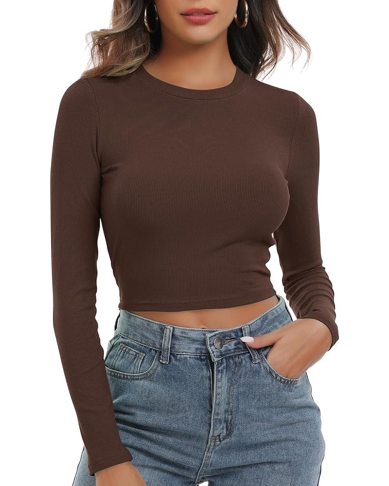 Women's Round Neck Long Sleeve Knit Ribbed Fitted Crop Top Casual Basic Shirts Brown $11.88 T-Shirts