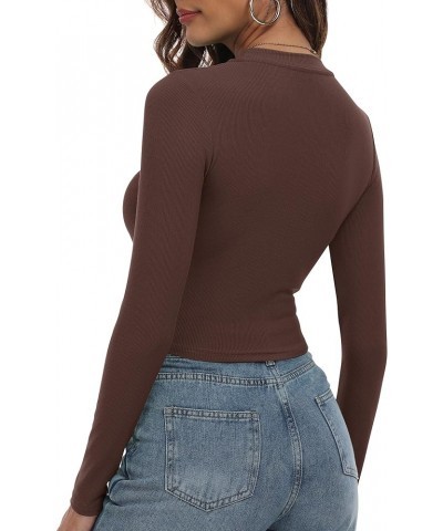 Women's Round Neck Long Sleeve Knit Ribbed Fitted Crop Top Casual Basic Shirts Brown $11.88 T-Shirts