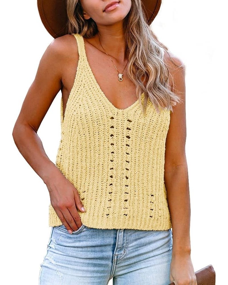 Womens V Neck Tank Tops Sweater Vest Knit Sleeveless Strappy Casual Sheer Pullover Sweaters Shirts Blouse Light Yellow $10.12...