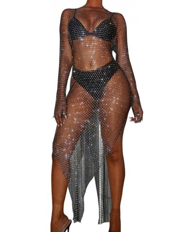 Women Sexy Rhinestone Swimsuit Cover Ups See Through Dress Crochet Beach Bikini Coverup Fishnet Bodycon Crystal-black-maxi-lo...