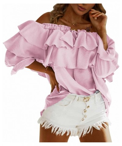 Women's Off Shoulder Ruffle Long Sleeve Blouses Casual Layered Tops Pink $21.72 Blouses