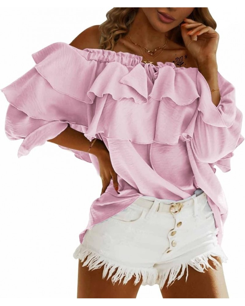 Women's Off Shoulder Ruffle Long Sleeve Blouses Casual Layered Tops Pink $21.72 Blouses