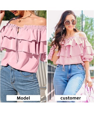 Women's Off Shoulder Ruffle Long Sleeve Blouses Casual Layered Tops Pink $21.72 Blouses