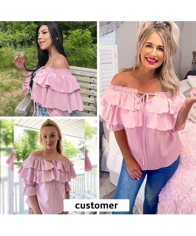 Women's Off Shoulder Ruffle Long Sleeve Blouses Casual Layered Tops Pink $21.72 Blouses