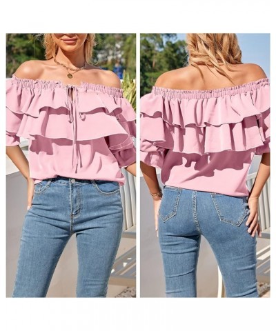 Women's Off Shoulder Ruffle Long Sleeve Blouses Casual Layered Tops Pink $21.72 Blouses