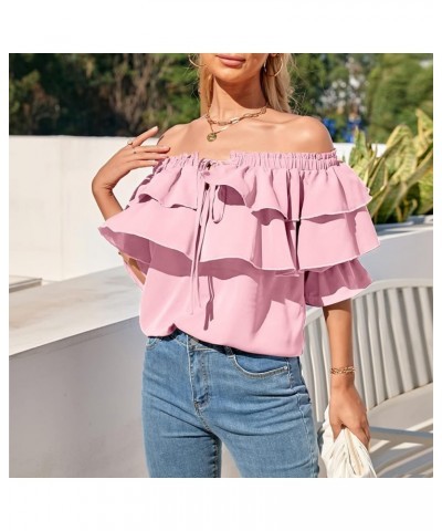 Women's Off Shoulder Ruffle Long Sleeve Blouses Casual Layered Tops Pink $21.72 Blouses