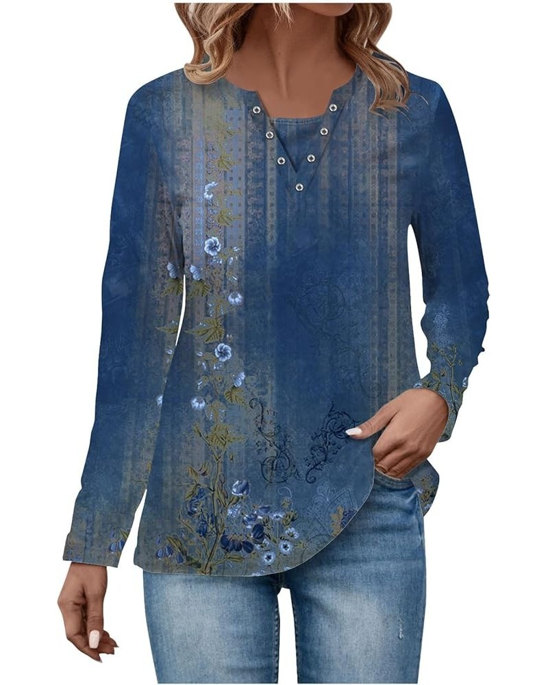 Long Sleeve Workout Floral V Neck Shirts Ladies Tunic Tops and Blouses Boho Lightweight Cute Fall Outfits for Women Royal Blu...