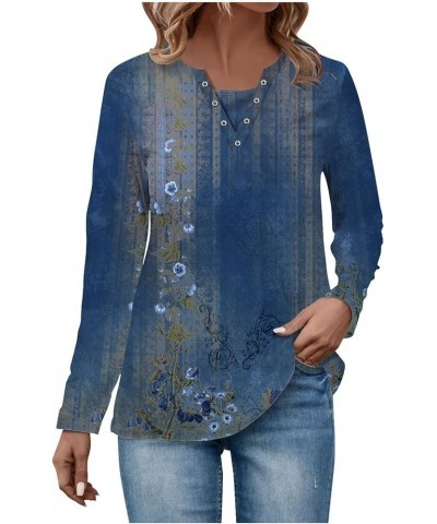 Long Sleeve Workout Floral V Neck Shirts Ladies Tunic Tops and Blouses Boho Lightweight Cute Fall Outfits for Women Royal Blu...