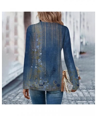 Long Sleeve Workout Floral V Neck Shirts Ladies Tunic Tops and Blouses Boho Lightweight Cute Fall Outfits for Women Royal Blu...