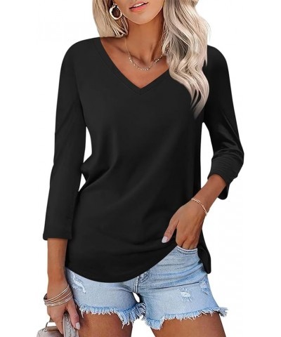 Women's V Neck 3/4 Sleeve T Shirt Solid/Color Block Casual Basic Tops Summer Tees A Black $12.59 T-Shirts