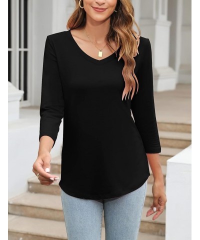 Women's V Neck 3/4 Sleeve T Shirt Solid/Color Block Casual Basic Tops Summer Tees A Black $12.59 T-Shirts