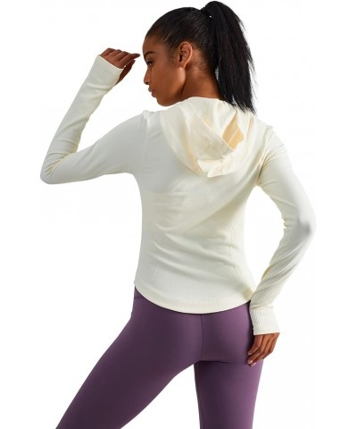 Womens Hooded Athletic Long Sleeve Running Shirts Workout Yoga Tops with Thumb Holes Slim Fit Off-white $15.30 Activewear