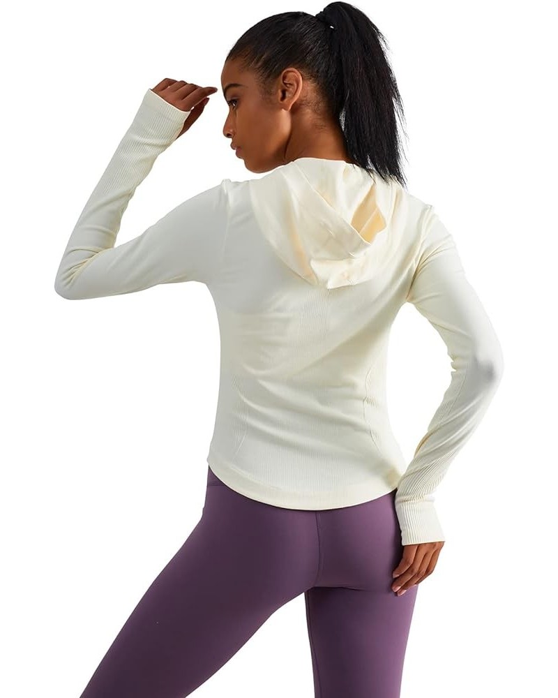 Womens Hooded Athletic Long Sleeve Running Shirts Workout Yoga Tops with Thumb Holes Slim Fit Off-white $15.30 Activewear