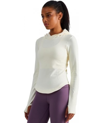 Womens Hooded Athletic Long Sleeve Running Shirts Workout Yoga Tops with Thumb Holes Slim Fit Off-white $15.30 Activewear