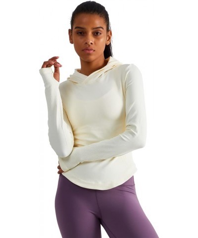 Womens Hooded Athletic Long Sleeve Running Shirts Workout Yoga Tops with Thumb Holes Slim Fit Off-white $15.30 Activewear