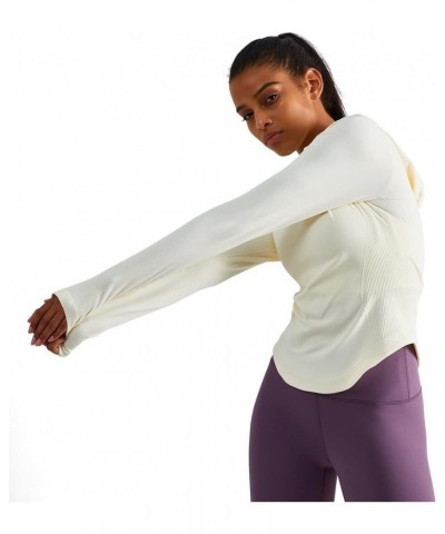 Womens Hooded Athletic Long Sleeve Running Shirts Workout Yoga Tops with Thumb Holes Slim Fit Off-white $15.30 Activewear