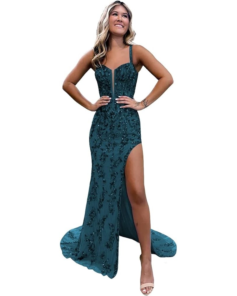 Women's Sequin Long Prom Dresses with Slit Tulle Sheath Formal Evening Gowns with Applique Lace DI015 A-peacock $33.38 Dresses