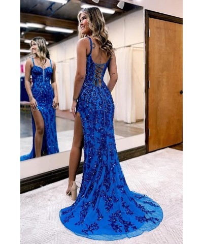 Women's Sequin Long Prom Dresses with Slit Tulle Sheath Formal Evening Gowns with Applique Lace DI015 A-peacock $33.38 Dresses