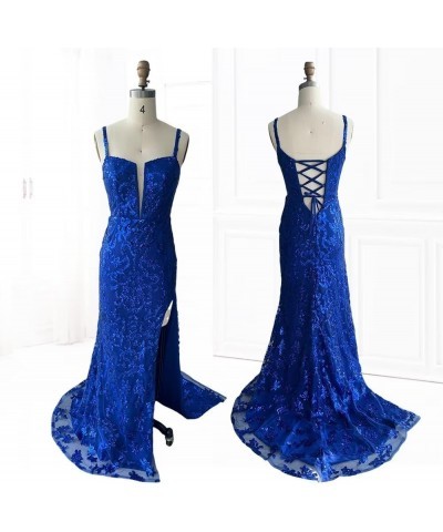 Women's Sequin Long Prom Dresses with Slit Tulle Sheath Formal Evening Gowns with Applique Lace DI015 A-peacock $33.38 Dresses