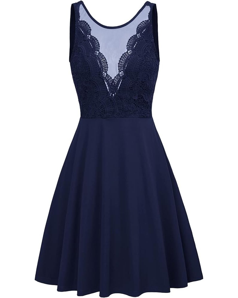 Women Sleeveless Lace Patchwork Deep V-Neck A Line Flared Party Dress Dark Blue $25.01 Dresses